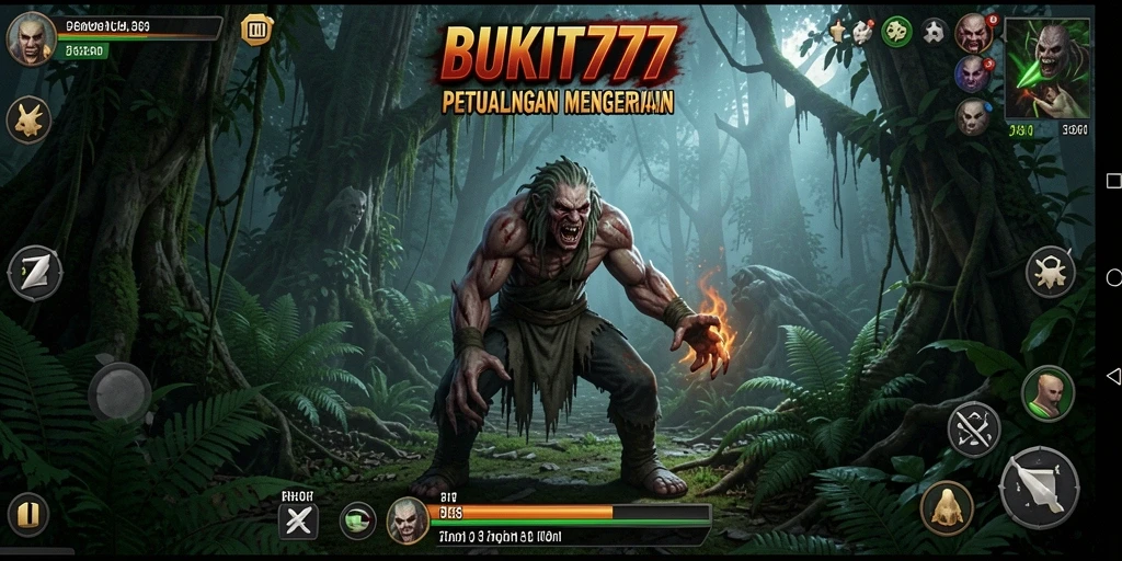 Screenshot menampilkan gameplay menyeramkan dari BUKIT777 dalam suasana gelap.