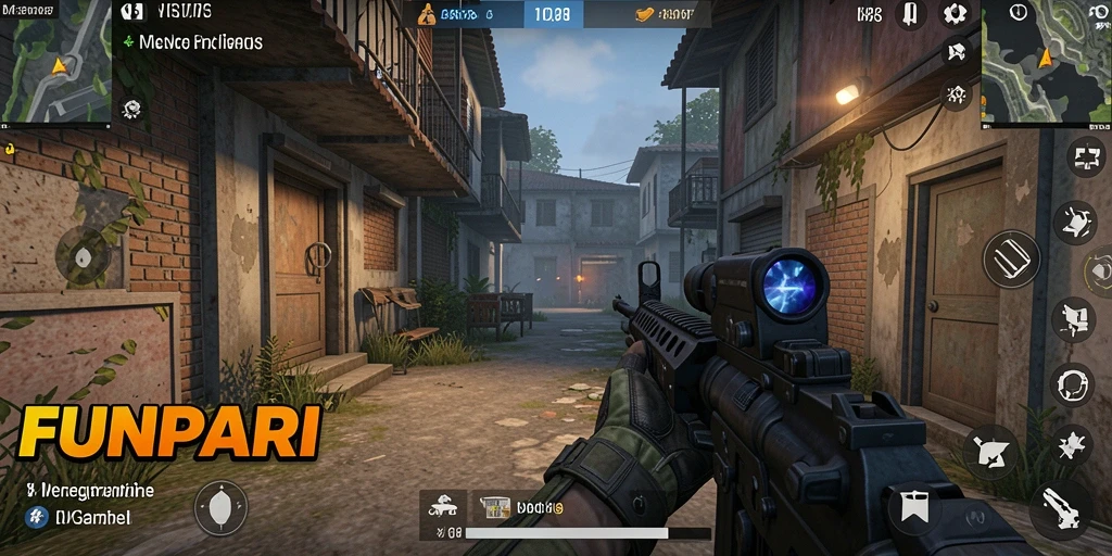 Tampilan gameplay menegangkan dari FUNPARI yang menunjukkan aksi seru di medan perang.
