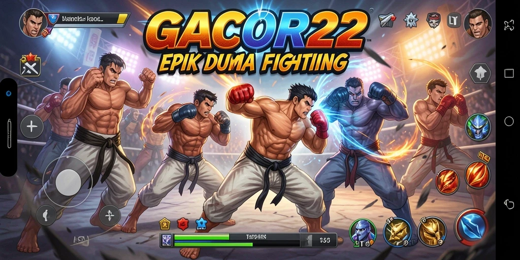 Screenshot GACOR22 menampilkan aksi pertarungan intens dan karakter keren.