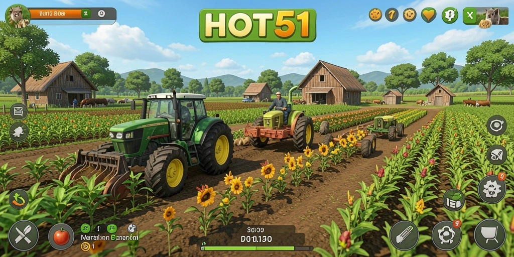 Tampilan gameplay HOT51 dengan lahan pertanian yang hijau dan hewan ternak.