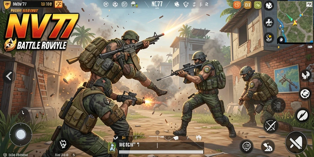Tampilan gameplay NV77 yang intens dan mendebarkan di arena Battle Royale.