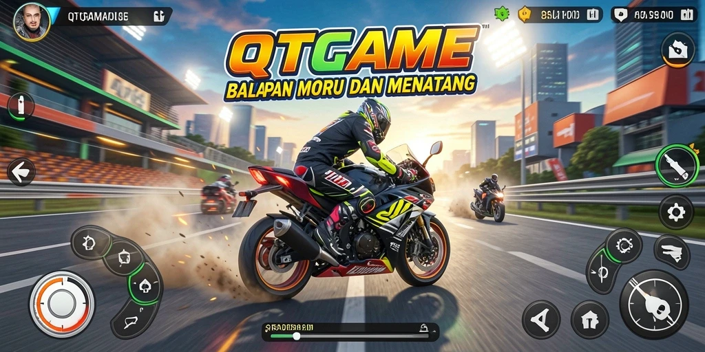 Screenshot QTGAME menampilkan aksi balapan motor yang mendebarkan.