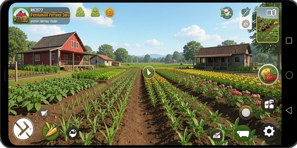 Screenshot utama RICIS77 menampilkan ladang hijau yang subur dan hewan ternak.
