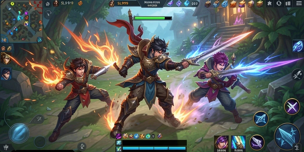 Gameplay seru dalam SL999 dengan pertarungan MOBA intens.